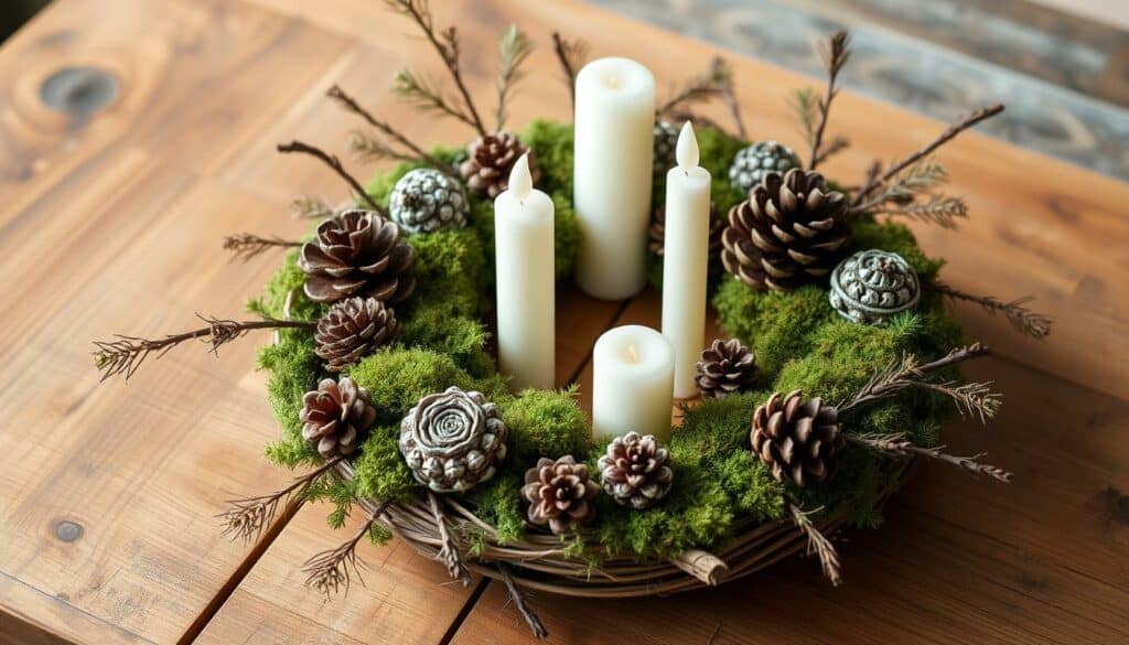 Ein rustikaler Adventskranz mit Tannenzapfen, Moos und Zweigen Ein rustikaler Adventskranz mit Tannenzapfen, Moos und Zweigen