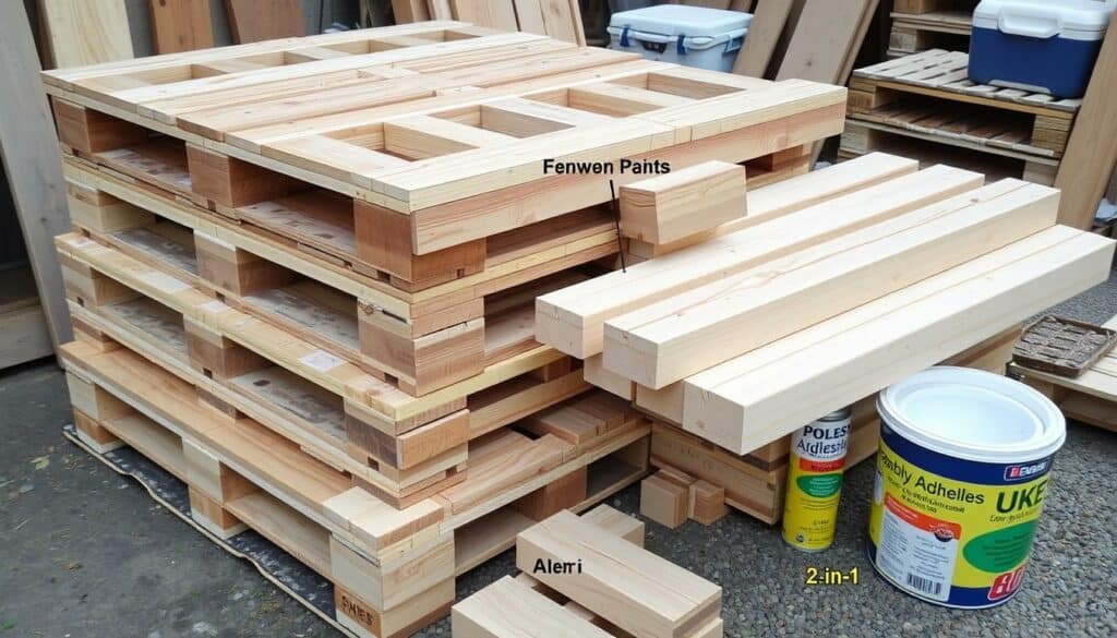 Eine Europalette, Leimholzplatten, Kantholz, Schalbretter, Senkkopfschrauben, Winkel, Möbelgriff, Montagekleber, Kühlbox, 2in1-Lack Eine Europalette, Leimholzplatten, Kantholz, Schalbretter, Senkkopfschrauben, Winkel, Möbelgriff, Montagekleber, Kühlbox, 2in1-Lack
