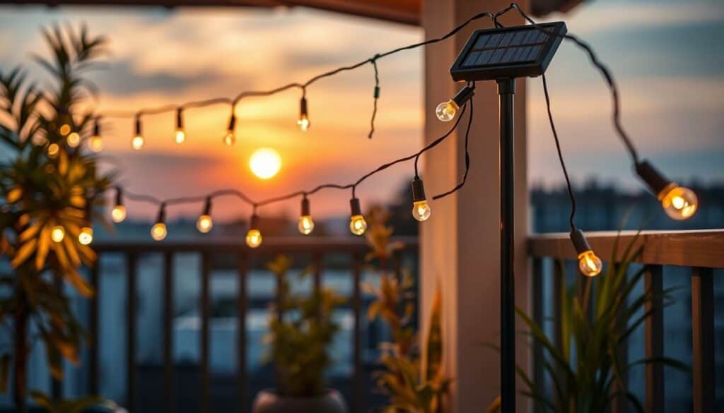 Eine Solar-Lichterkette auf einem Balkon