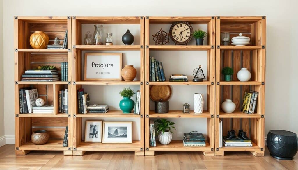 Erstelle ein Bild von einem individuell gestalteten Bücherregal aus Holzkisten mit verschiedenen Dekorationsobjekten.