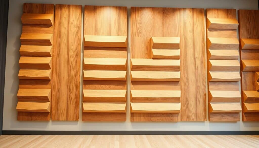 Erstelle ein Bild von modernen Akustikpaneelen aus Holz an einer Wand. Erstelle ein Bild von modernen Akustikpaneelen aus Holz an einer Wand.