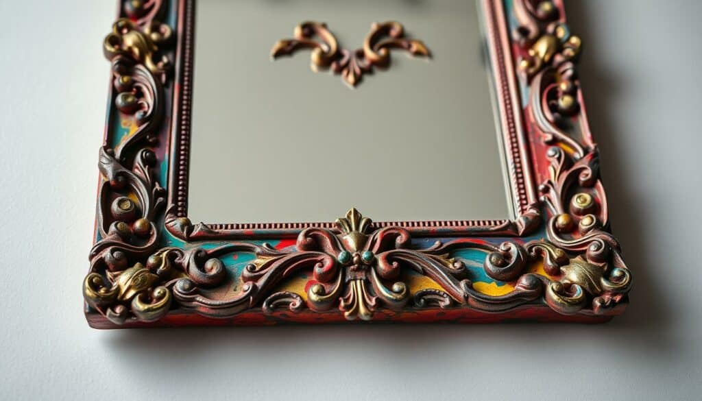 Farbgestaltung Spiegelrahmen: a vibrant, intricately detailed mirror frame showcasing a range of rich, textured colors and finishes. Captured in a high-resolution, 4K photographic style, the frame is illuminated by soft, diffused lighting that highlights its ornate design and craftsmanship. The foreground features the frame's intricate carved patterns and a variety of painted surfaces, including glossy, matte, and metallic accents. The middle ground showcases the frame's depth and dimensionality, while the background subtly fades to a neutral setting, allowing the frame to take center stage. The overall mood is one of elegance, sophistication, and artistic expression, perfectly complementing the "Farbgestaltung und Oberflächen" section of the article. Farbgestaltung Spiegelrahmen: a vibrant, intricately detailed mirror frame showcasing a range of rich, textured colors and finishes. Captured in a high-resolution, 4K photographic style, the frame is illuminated by soft, diffused lighting that highlights its ornate design and craftsmanship. The foreground features the frame's intricate carved patterns and a variety of painted surfaces, including glossy, matte, and metallic accents. The middle ground showcases the frame's depth and dimensionality, while the background subtly fades to a neutral setting, allowing the frame to take center stage. The overall mood is one of elegance, sophistication, and artistic expression, perfectly complementing the "Farbgestaltung und Oberflächen" section of the article.