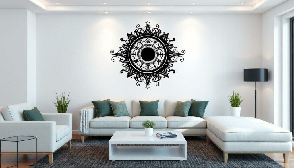 Generiere ein Bild von einem Wohnzimmer mit einem kreativen Wandtattoo