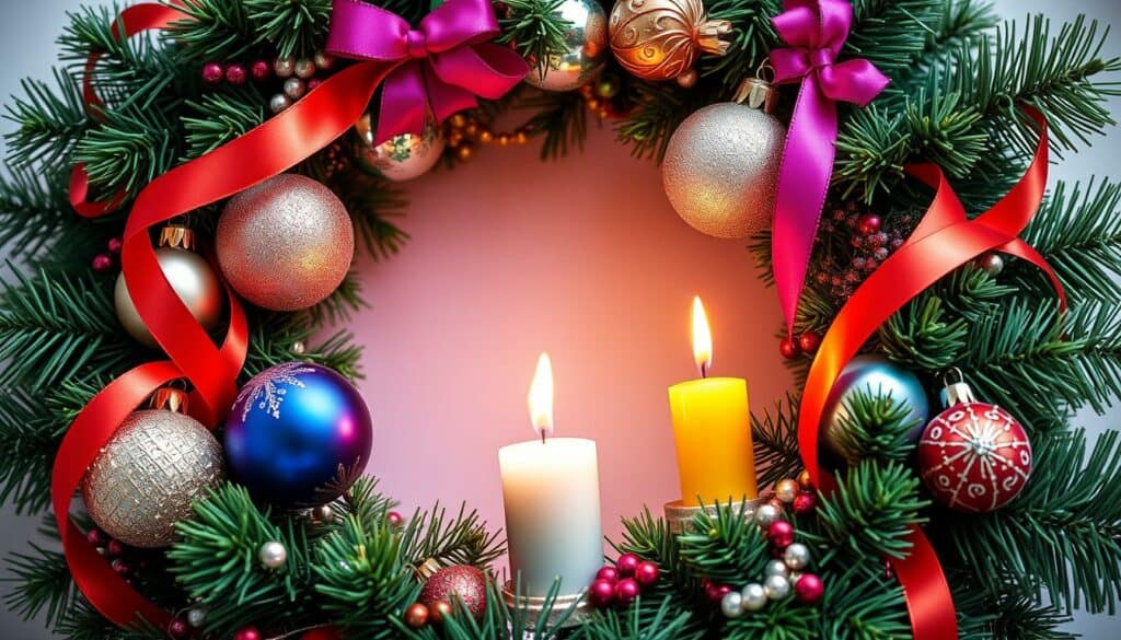 Generiere ein Bild von einem bunten Adventskranz mit glitzernden Christbaumkugeln und farbigen Schleifen. Generiere ein Bild von einem bunten Adventskranz mit glitzernden Christbaumkugeln und farbigen Schleifen.