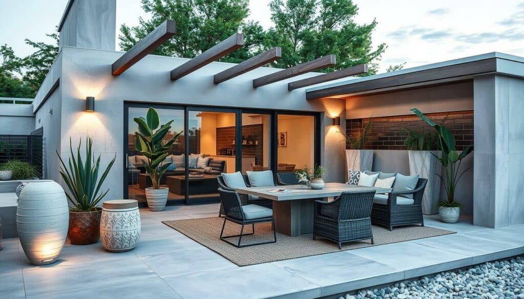 Generiere ein Bild von einer Terrasse mit Beton-Deko