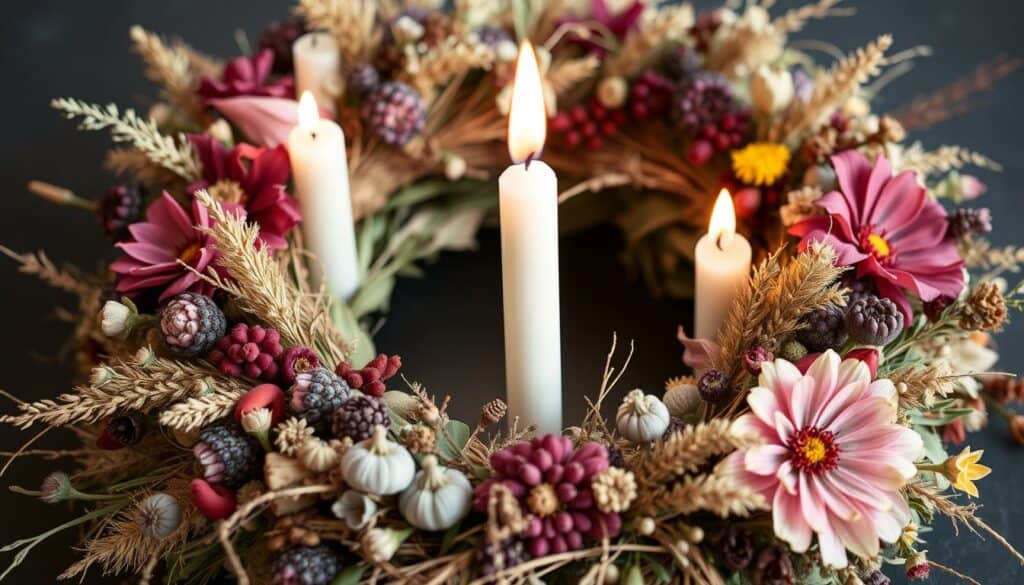 Generieren Sie ein Bild von einem Trockenblumen-Adventskranz mit verschiedenen getrockneten Blumen und Gräsern. Generieren Sie ein Bild von einem Trockenblumen-Adventskranz mit verschiedenen getrockneten Blumen und Gräsern.