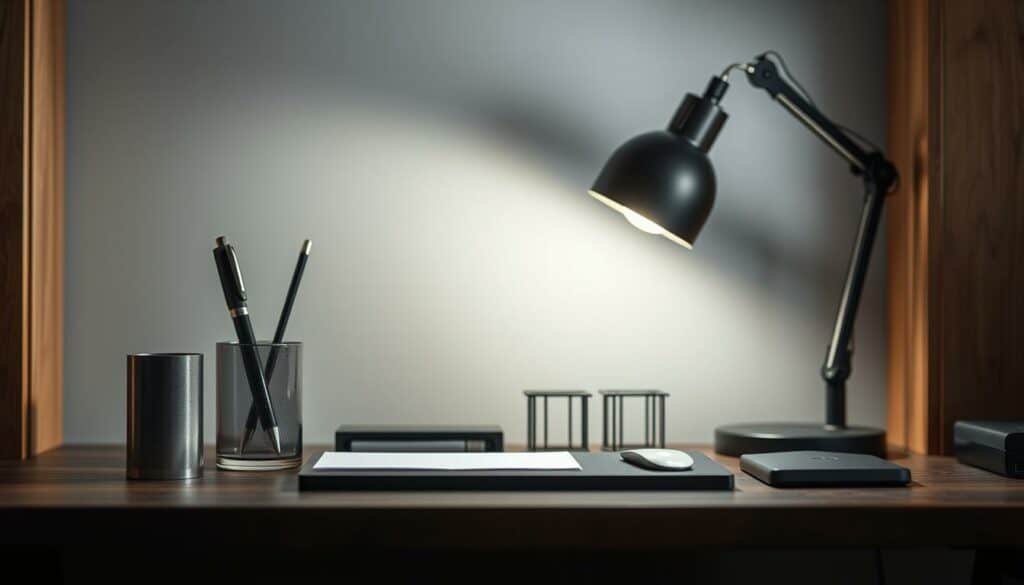 Immaculate industrial desktop accessories, meticulously arranged in a cohesive and functional layout. A sleek pen holder, an elegant desk organizer, and a modern desk lamp casting a warm, focused glow. Minimal yet practical, each item carefully selected to complement the rugged, utilitarian aesthetic of the industrial-style workspace. The scene is captured with a high-resolution, realistic photographic quality, showcasing the attention to detail and the harmonious interplay of form and function. Subtle shadows and highlights accentuate the materiality and craftsmanship, creating a sense of depth and dimension. An inspirational display of practical extras that seamlessly integrate into the industrial-chic ambiance.