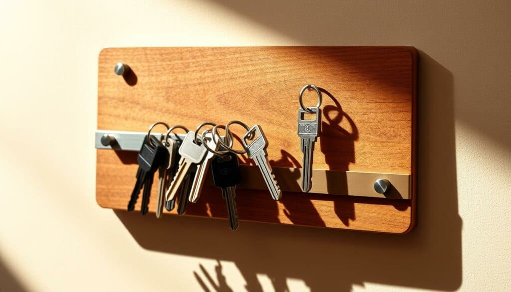 Key holder design ideas, featuring a sleek and modern magnetic key board. A wooden panel with a textured grain serves as the base, accentuated by a clean, minimalist metal rail for holding keys. The keys are arranged in an asymmetric, artful composition, secured by strong magnets. The scene is lit by warm, indirect lighting, casting subtle shadows that highlight the tactile surface and refined details. The overall aesthetic is simple yet stylish, perfect for a contemporary home or office space. The composition offers a balance of form and function, showcasing creative ways to organize and display your keys in an elegant, space-saving manner. Key holder design ideas, featuring a sleek and modern magnetic key board. A wooden panel with a textured grain serves as the base, accentuated by a clean, minimalist metal rail for holding keys. The keys are arranged in an asymmetric, artful composition, secured by strong magnets. The scene is lit by warm, indirect lighting, casting subtle shadows that highlight the tactile surface and refined details. The overall aesthetic is simple yet stylish, perfect for a contemporary home or office space. The composition offers a balance of form and function, showcasing creative ways to organize and display your keys in an elegant, space-saving manner.
