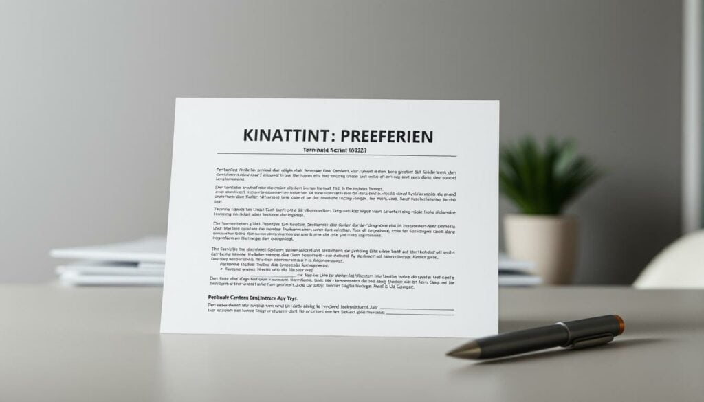 Kündigung Versicherung: A minimalist, modern composition depicting a contract cancellation document or insurance termination notice. The document should be the focal point, set against a muted, professional background, perhaps an office or business setting with subtle lighting and depth of field. Convey a sense of finality and transition, with the termination form commanding attention amidst a tidy, organized environment. Avoid distractions, keep the image clean and straightforward, allowing the subject matter to speak for itself.