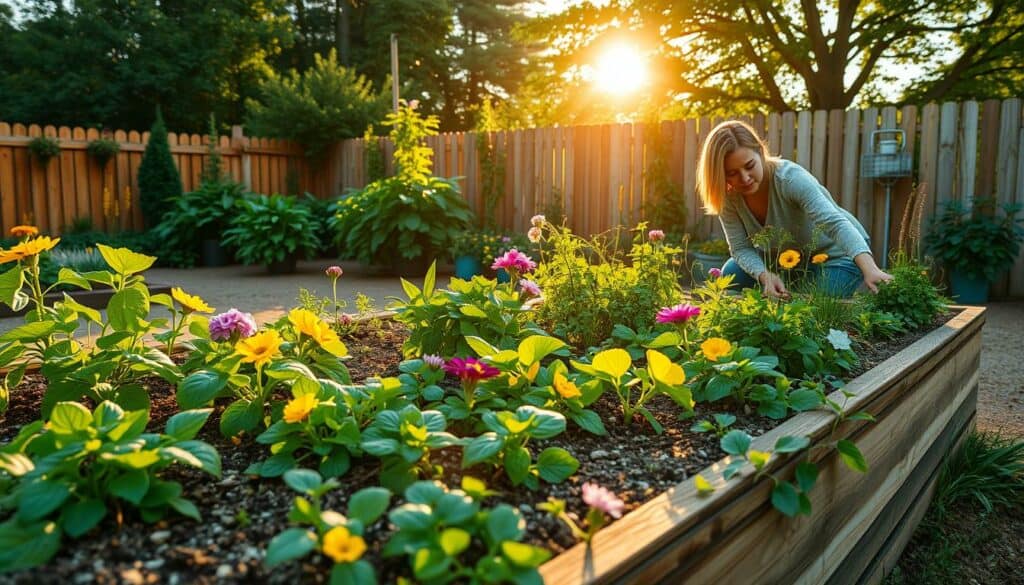 Lush, verdant raised garden bed in a serene outdoor setting, bathed in warm, golden afternoon sunlight. Carefully tended soil, rich with organic matter, supports a thriving array of leafy greens, vibrant flowers, and fragrant herbs. Gardener kneels, gently tending to the plants, pruning and weeding with a focused, nurturing expression. In the background, a wooden fence and surrounding trees create a sense of tranquility and privacy. Realistic, high-resolution 4K photographic style.