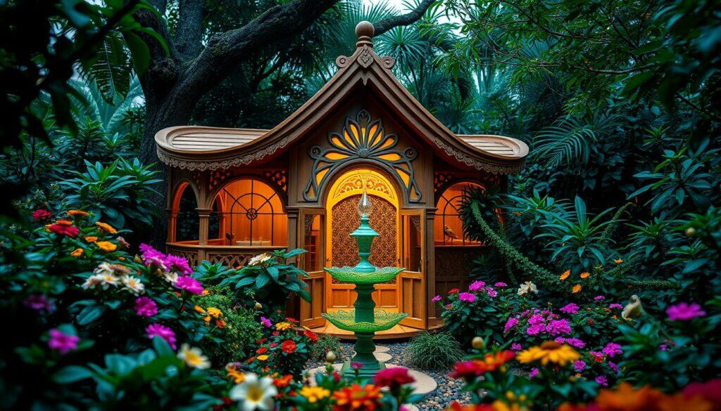Luxurious bird villa nestled amidst a lush, verdant garden. Intricate wooden structure with elegant arched entryways, decorative gables, and delicate latticework. Surrounded by a vibrant array of flowering plants, with a shimmering birdbath and feeders strategically placed. Soft, warm lighting illuminates the scene, creating a cozy, inviting atmosphere. Captured from a low angle, emphasizing the villa's stately presence and the harmonious integration with the natural environment. Conveys a sense of sophisticated, thoughtfully designed refuge for our feathered friends. Luxurious bird villa nestled amidst a lush, verdant garden. Intricate wooden structure with elegant arched entryways, decorative gables, and delicate latticework. Surrounded by a vibrant array of flowering plants, with a shimmering birdbath and feeders strategically placed. Soft, warm lighting illuminates the scene, creating a cozy, inviting atmosphere. Captured from a low angle, emphasizing the villa's stately presence and the harmonious integration with the natural environment. Conveys a sense of sophisticated, thoughtfully designed refuge for our feathered friends.