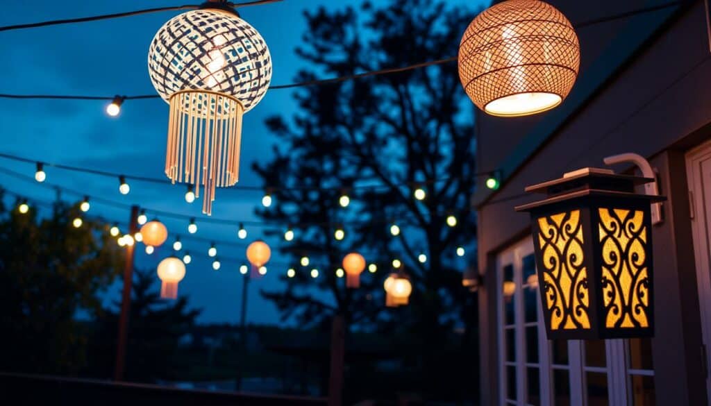 Outdoor-Beleuchtung für Terrasse mit Lichterketten und Solar-Laternen