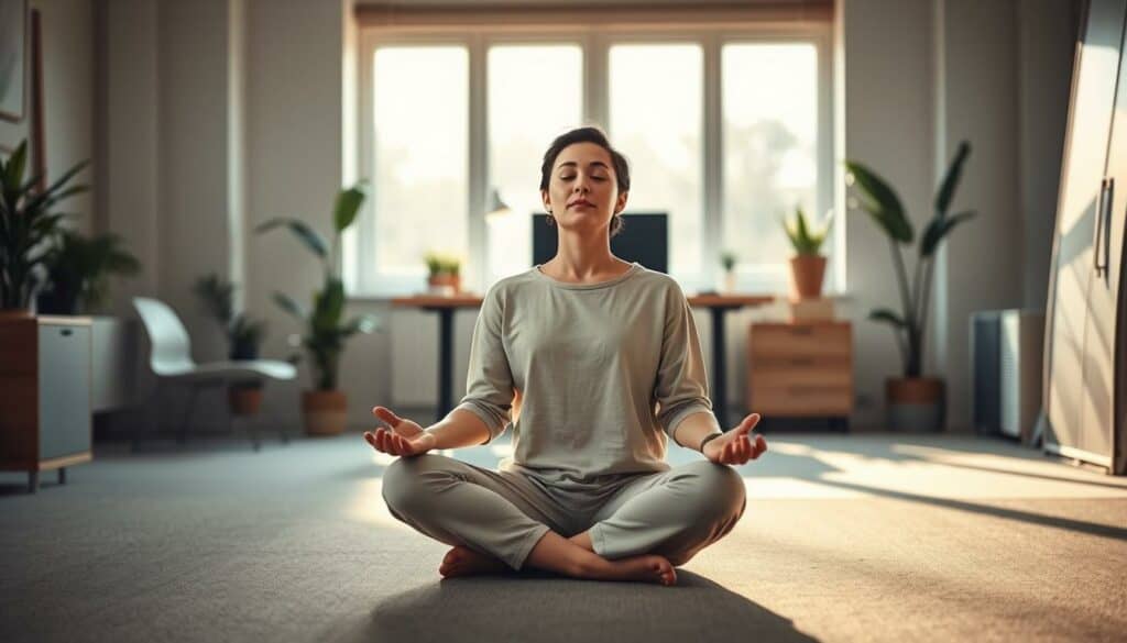 Prompt A serene office setting, with a person sitting cross-legged on the floor, eyes closed, engaging in a mindfulness meditation practice. The lighting is soft and natural, filtering in through large windows, casting a warm glow on the scene. The background features minimalist decor, with potted plants and a simple desk setup, conveying a sense of calm and focus. The figure in the foreground is dressed in comfortable, neutral-toned clothing, radiating an aura of tranquility and inner peace. The overall atmosphere is one of quiet introspection, where the hustle and bustle of the workday has been temporarily paused to allow for a moment of mindful reflection. Prompt A serene office setting, with a person sitting cross-legged on the floor, eyes closed, engaging in a mindfulness meditation practice. The lighting is soft and natural, filtering in through large windows, casting a warm glow on the scene. The background features minimalist decor, with potted plants and a simple desk setup, conveying a sense of calm and focus. The figure in the foreground is dressed in comfortable, neutral-toned clothing, radiating an aura of tranquility and inner peace. The overall atmosphere is one of quiet introspection, where the hustle and bustle of the workday has been temporarily paused to allow for a moment of mindful reflection.