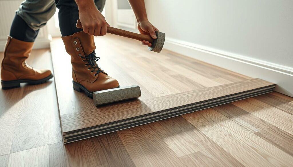 Realistic high-resolution 4K photograph of a modern laminate flooring installation, with the focus on the final row being carefully installed. The worker, wearing work boots and kneepads, is using a rubber mallet to gently tap the laminate boards into place, ensuring a tight and flush fit against the baseboards. Bright, natural lighting illuminates the scene, highlighting the elegant wood grain texture and the precision of the installation process. The background features clean, uncluttered walls, emphasizing the attention to detail in this step of the flooring project. The overall mood is one of professionalism and expertise, capturing the satisfaction of a job well done.