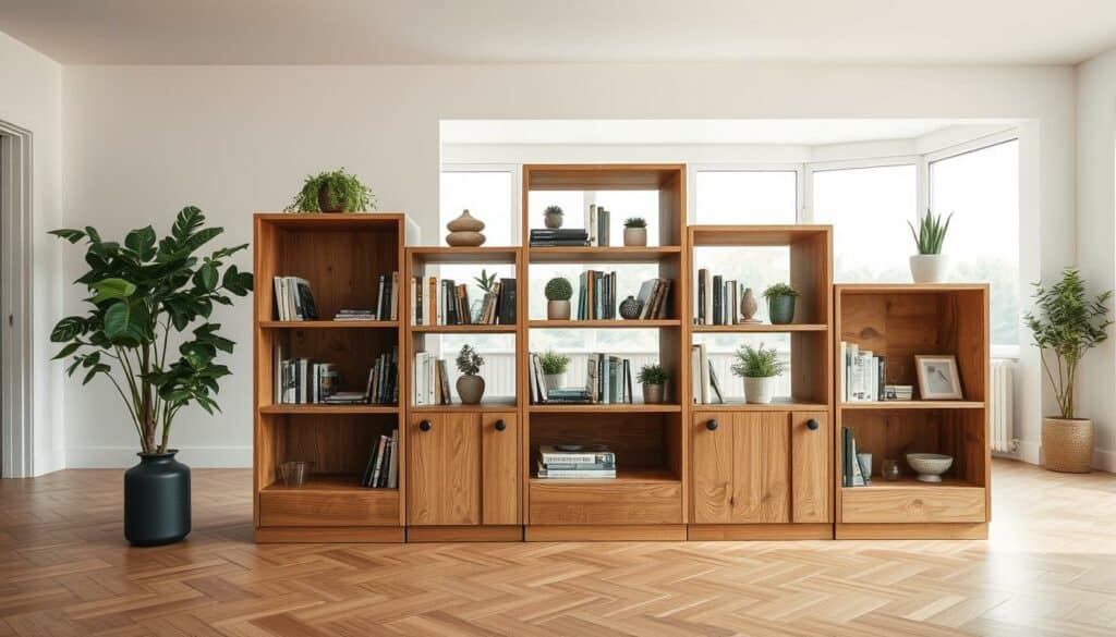 Realistisch, hochauflösend 4k Fotographie einer kreativen Bücherregalgestaltung in einem modernen Wohnzimmer. Im Vordergrund stehen mehrere Holzkisten, die in verschiedenen Höhen und Ausrichtungen angeordnet sind und so ein interessantes, visuelles Muster bilden. Im Mittelgrund sind Bücher, Dekorationsobjekte und Pflanzen platziert, die das Regal beleben und ihm eine persönliche Note verleihen. Der Hintergrund zeigt einen aufgeräumten, hellen Raum mit weißen Wänden und einem Panoramafenster, das den Blick nach draußen freigibt. Die Beleuchtung ist natürlich und warm, um eine einladende und gemütliche Atmosphäre zu schaffen.