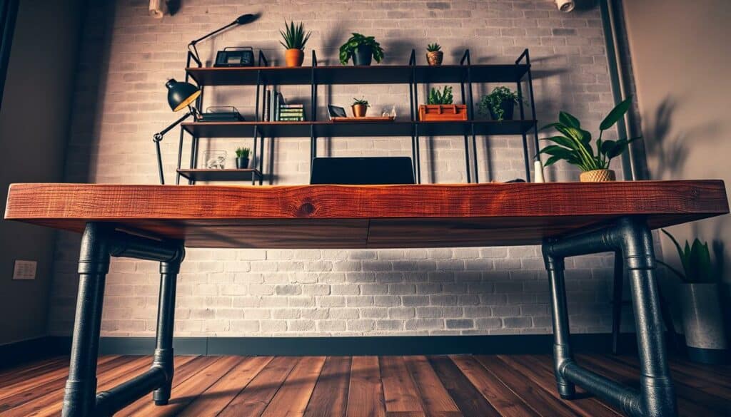 Schreibtisch Industrial Style: A sturdy, rustic wooden desktop rests atop metal pipe legs, creating a striking industrial-inspired workspace. Exposed wood grain and a distressed finish add a rugged, authentic charm. Behind the desk, a modern wall-mounted shelving unit displays decorative elements and potted plants, adding a touch of natural greenery. Warm, directional lighting illuminates the scene, casting dramatic shadows and creating an inviting, productive atmosphere. The entire setup is captured in a low-angle, wide-angle perspective, emphasizing the bold, functional design and creating a sense of depth and scale. Schreibtisch Industrial Style: A sturdy, rustic wooden desktop rests atop metal pipe legs, creating a striking industrial-inspired workspace. Exposed wood grain and a distressed finish add a rugged, authentic charm. Behind the desk, a modern wall-mounted shelving unit displays decorative elements and potted plants, adding a touch of natural greenery. Warm, directional lighting illuminates the scene, casting dramatic shadows and creating an inviting, productive atmosphere. The entire setup is captured in a low-angle, wide-angle perspective, emphasizing the bold, functional design and creating a sense of depth and scale.