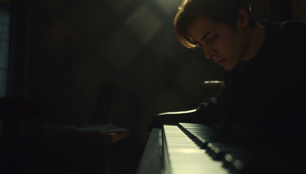 Somber piano keys cascading through a dimly lit room, filtered through a soft, cinematic lens. In the foreground, a pensive figure gazes introspectively, their expression conveying the bittersweet emotions evoked by the song's lyrics. Surrounding them, a hazy, atmospheric backdrop suggests the lingering memories and longing that permeate the track. Muted color tones and subtle shadows imbue the scene with a sense of melancholy, as if the very air is weighted with the depth of the song's "Bedeutung" - the profound meaning and personal resonance it holds for the listener.