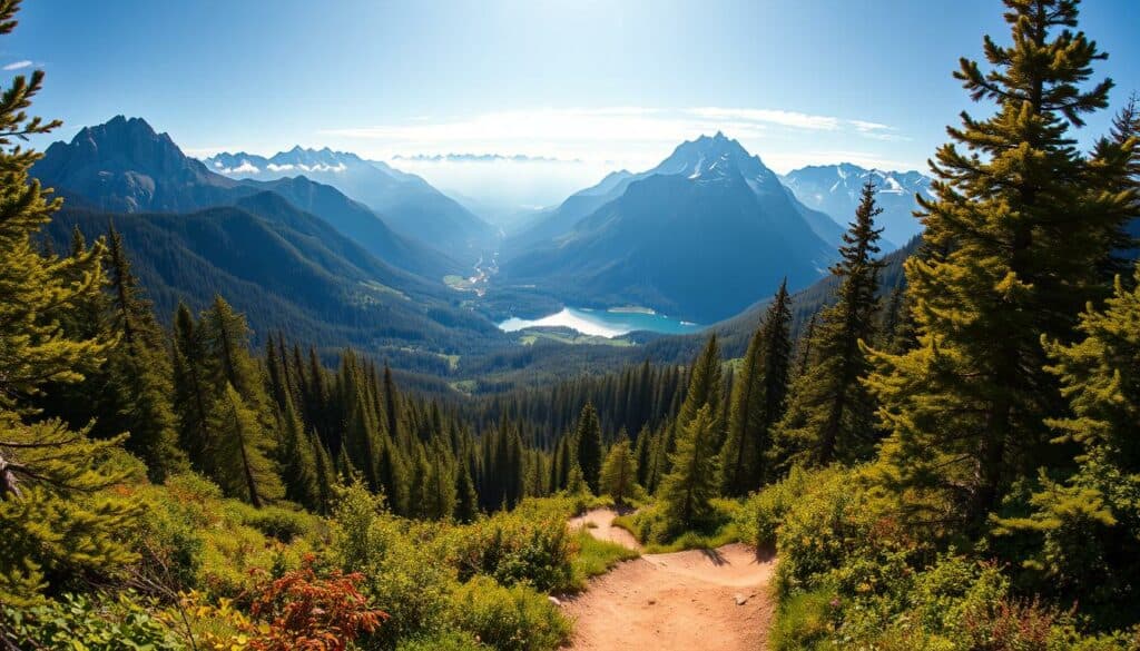Sprawling, awe-inspiring vistas of untamed wilderness stretch across a panoramic landscape. In the foreground, a winding trail leads into a serene, verdant forest, dappled with shafts of warm, golden light filtering through the lush canopy. Majestic, snow-capped peaks rise in the distance, their jagged silhouettes reflected in a still, crystalline lake. A sense of tranquility and connection with nature pervades the scene, inviting the viewer to pause, breathe, and immerse themselves in the beauty of the great outdoors. Captured through the lens of a wide-angle camera, this idyllic "Naturerlebnisse" offers a glimpse of the world's breathtaking natural wonders.