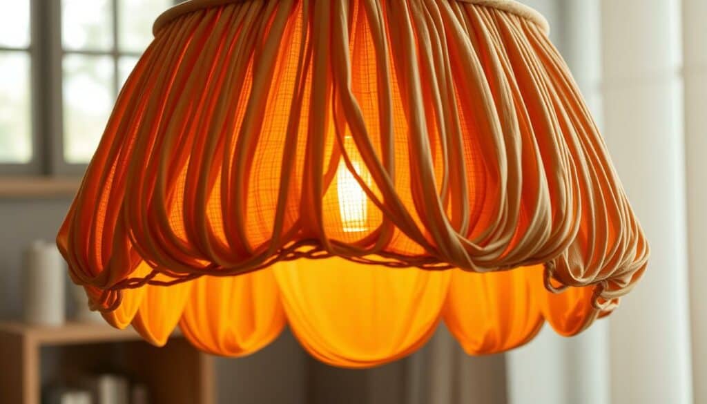 Stoff Lampenschirm DIY: A beautifully crafted fabric lampshade, the centerpiece of a cozy, well-lit living space. Soft, woven textiles in earthy tones cascade gracefully, diffusing warm light in a natural, inviting glow. The intricate folds and pleats create depth and texture, while the sleek, modern frame provides a sturdy, minimalist foundation. Bathed in realistic, high-resolution 4K photographic lighting, the image captures the essence of a handmade, DIY fabric lampshade - a perfect complement to the article's focus on creating custom lighting solutions.
