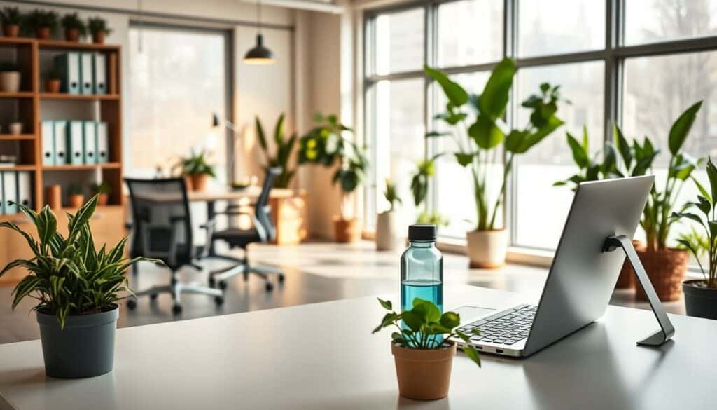 Sustainable office equipment for insurance brokers: A modern, minimalist office setup with sleek, eco-friendly furniture and decor. In the foreground, a clean, uncluttered desk with a laptop, plants, and a reusable water bottle. The middle ground features ergonomic chairs, shelves with recycled binders, and energy-efficient lighting. The background showcases large windows allowing natural light to flood the space, with potted plants and a neutral color palette creating a calming, productivity-enhancing atmosphere. Warm, diffused lighting subtly illuminates the scene, capturing the professional yet sustainable ambiance of a forward-thinking insurance broker's workspace. Sustainable office equipment for insurance brokers: A modern, minimalist office setup with sleek, eco-friendly furniture and decor. In the foreground, a clean, uncluttered desk with a laptop, plants, and a reusable water bottle. The middle ground features ergonomic chairs, shelves with recycled binders, and energy-efficient lighting. The background showcases large windows allowing natural light to flood the space, with potted plants and a neutral color palette creating a calming, productivity-enhancing atmosphere. Warm, diffused lighting subtly illuminates the scene, capturing the professional yet sustainable ambiance of a forward-thinking insurance broker's workspace.