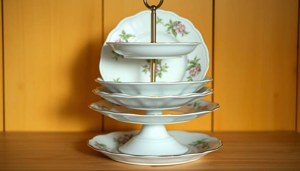 Three vintage porcelain plates arranged in a classic three-tier cake stand, known as a "Drei-Teller-Etagere". The plates are set against a warm, golden wooden background, highlighting their delicate floral patterns and glazed surfaces. Soft, diffused lighting gently illuminates the scene, casting subtle shadows and emphasizing the tactile, handcrafted quality of the plates. The composition is carefully balanced, with the plates stacked in a harmonious arrangement that showcases their unique shapes and sizes. The overall atmosphere evokes a sense of nostalgic charm and timeless elegance, perfectly suited for a DIY project featuring Oma's cherished dinnerware.