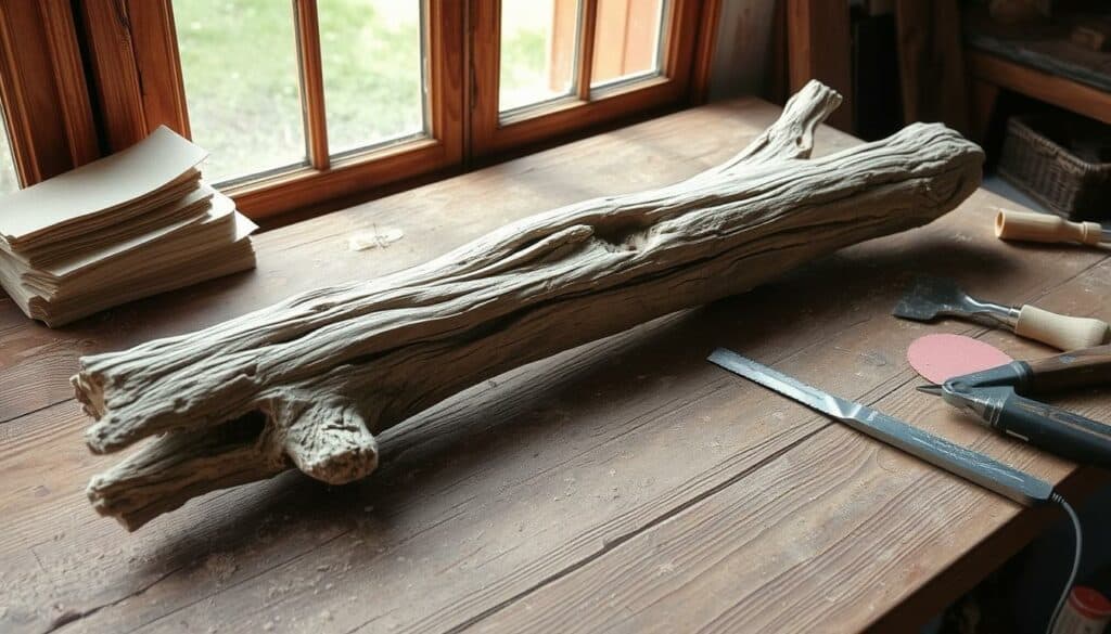 Treibholz Vorbereitung A weathered, sun-bleached driftwood log lies on a rustic wooden table, its intricate, organic textures illuminated by soft, diffused natural light filtering through a window. Nearby, various tools are neatly arranged - sandpaper, wood files, and a small hand saw - suggesting the careful preparation of this found material for a creative purpose. The scene evokes a sense of tranquility and appreciation for the raw, untamed beauty of nature, hinting at the transformation to come as this driftwood is crafted into a unique picture frame.