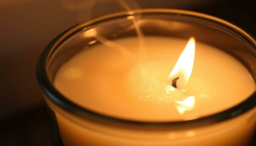 Wachs schmelzen: A close-up view of a glass container filled with clear, liquefied wax, gently bubbling and swirling in the soft, warm glow of a flickering flame. Wisps of fragrant steam rise from the molten wax, creating an inviting and relaxing atmosphere. The lighting is soft and diffused, casting a cozy, ambient mood. The container is made of clear glass, allowing the viewer to see the viscous, golden-hued liquid and the intricate details of the melting process. The overall scene evokes a sense of homemade, handcrafted charm, perfect for a step-by-step guide on making scented candles.