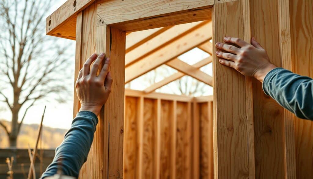 Wände aufbauen OSB-Platten: A meticulously crafted scene depicting the construction of a garden shed's walls. In the foreground, skilled hands carefully secure sturdy OSB panels, their precise movements captured in a high-resolution, photorealistic manner. The middle ground showcases the emerging structure, its framework solidly in place, exuding an air of technical proficiency. The background subtly fades into a softly lit, natural setting, hinting at the tranquil environment in which this DIY project takes shape. Warm lighting casts gentle shadows, accentuating the textural details of the materials used. This realistic 4K image encapsulates the essence of a self-built garden shed, where dedication, skill, and attention to detail come together to create a lasting structure.