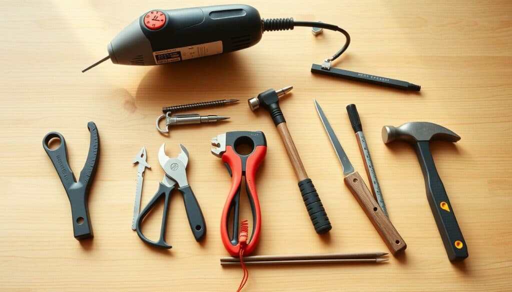 Werkzeuge für DIY-Projekte: Eine sorgfältig arrangierte Komposition von Möbelutensilientwicklungs-Werkzeugen, einschließlich Bohrmaschine, Schraubendreher, Zange, Hammer, Lineal und Stift, auf einem sauberen, hellen Holztisch in natürlicher Beleuchtung fotografiert. Die Werkzeuge sind in einem modernen, minimalistischen Stil angeordnet, um eine geordnete und professionelle Atmosphäre zu schaffen, die das Konzept des Vorbereitens von Materialien und Werkzeugen für ein Lampenschirm-Bastel-Projekt widerspiegelt. Hochauflösend, realistisch, in 4K-Fotografie.