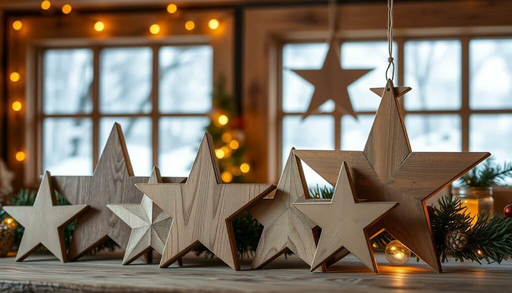 Wooden stars as Christmas decorations, rustic and homemade. A festive scene with a matte finish, warm lighting, and a natural, earthy color palette. Foreground features several hand-crafted wooden stars in various sizes, some plain and others adorned with simple patterns or textures. Middle ground includes a cozy, wooden background, perhaps a window frame or a simple table setting. Background depicts a serene, winter landscape with soft, snowy details. The overall atmosphere is cozy, inviting, and perfect for a beginner's DIY Christmas decor project.