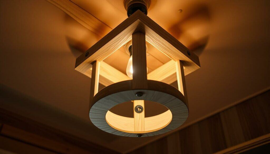 a high-quality, realistic photograph of a wooden ceiling light fixture, featuring a wooden frame with a natural wood grain texture and a central suspended circular wooden shade. The fixture is mounted securely to the ceiling, with visible screws or anchors, showcasing the process of drilling and hanging the lamp. The image is well-lit, capturing the warm, inviting glow of the lamp's interior illumination. The perspective is slightly angled to provide a clear view of the installation details. The overall atmosphere is one of a stylish, handcrafted DIY project in a cozy, rustic interior setting. a high-quality, realistic photograph of a wooden ceiling light fixture, featuring a wooden frame with a natural wood grain texture and a central suspended circular wooden shade. The fixture is mounted securely to the ceiling, with visible screws or anchors, showcasing the process of drilling and hanging the lamp. The image is well-lit, capturing the warm, inviting glow of the lamp's interior illumination. The perspective is slightly angled to provide a clear view of the installation details. The overall atmosphere is one of a stylish, handcrafted DIY project in a cozy, rustic interior setting.