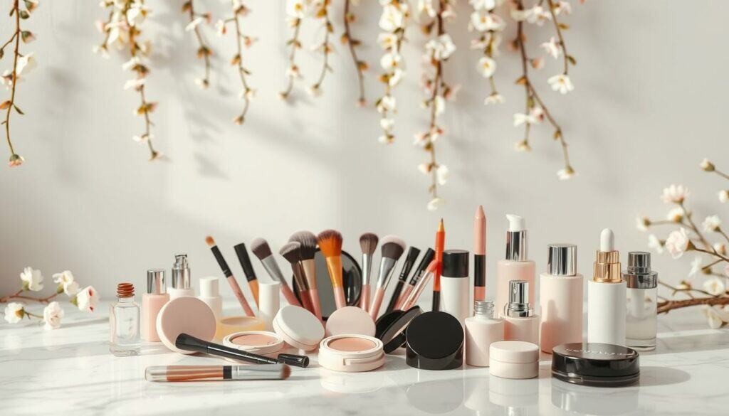 A beauty-themed scene featuring an array of cosmetic products and accessories against a soft, feminine backdrop. A central arrangement of makeup brushes, compacts, and bottles in pastel hues sits atop a white marble surface, bathed in warm, diffused lighting. In the background, delicate floral patterns cascade down the walls, creating a serene, spa-like ambiance. The overall composition evokes a sense of luxury and self-care, perfectly suited to capture the essence of "Beauty-Tipps für Kosmetik-Fans". A beauty-themed scene featuring an array of cosmetic products and accessories against a soft, feminine backdrop. A central arrangement of makeup brushes, compacts, and bottles in pastel hues sits atop a white marble surface, bathed in warm, diffused lighting. In the background, delicate floral patterns cascade down the walls, creating a serene, spa-like ambiance. The overall composition evokes a sense of luxury and self-care, perfectly suited to capture the essence of "Beauty-Tipps für Kosmetik-Fans".