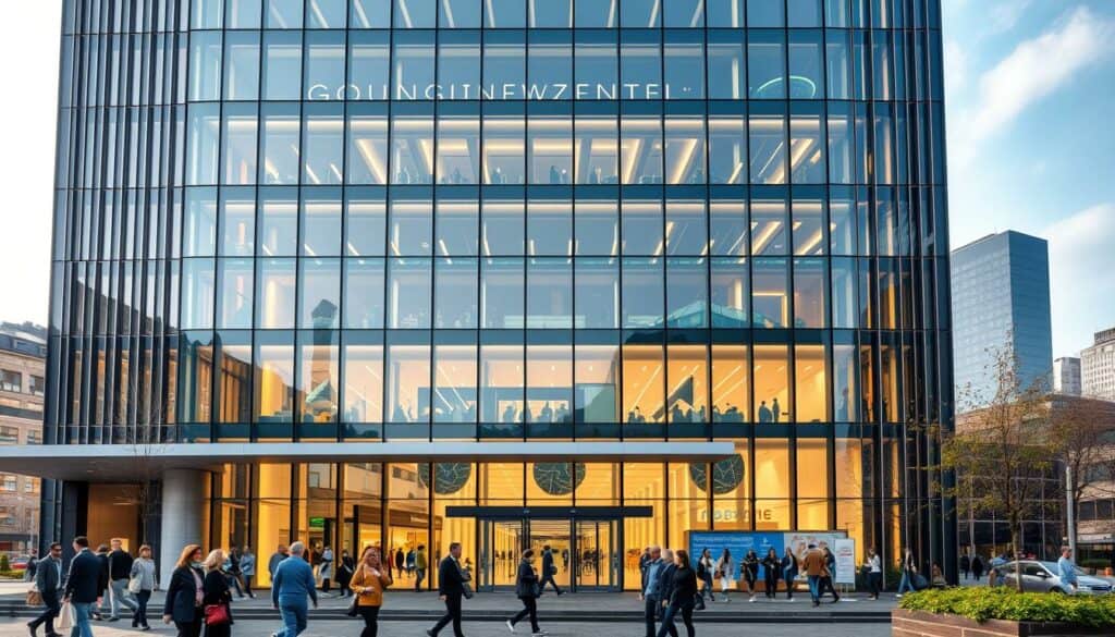 A bustling urban medical center, the Gesundheitszentrum Düsseldorf stands tall, its modern architecture a beacon of healthcare innovation. In the foreground, visitors navigate the sleek, glass-paneled entrance, while the middle ground reveals an array of specialized clinics and services. In the background, the city skyline provides a dynamic contrast, highlighting the center's integration within the vibrant Düsseldorf community. Soft, natural lighting filters through the windows, creating a warm, welcoming atmosphere. The scene conveys a sense of professionalism, efficiency, and dedication to well-being, inviting a comparison to other leading healthcare facilities in the region.