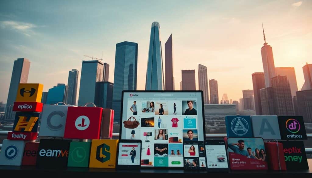 A comparison of various online shops, showcasing their distinct offerings and user experiences. In the foreground, a group of colorful e-commerce platform logos, each with a unique visual style and branding. In the middle ground, a grid of product images, ranging from fashion and electronics to home goods and entertainment, highlighting the diverse inventory. In the background, a sleek, minimalist cityscape with towering skyscrapers, hinting at the global reach and technological prowess of these digital marketplaces. The scene is bathed in a warm, inviting light, creating a sense of accessibility and consumer confidence. Captured with a wide-angle lens to encapsulate the breadth and scale of the online shopping landscape. A comparison of various online shops, showcasing their distinct offerings and user experiences. In the foreground, a group of colorful e-commerce platform logos, each with a unique visual style and branding. In the middle ground, a grid of product images, ranging from fashion and electronics to home goods and entertainment, highlighting the diverse inventory. In the background, a sleek, minimalist cityscape with towering skyscrapers, hinting at the global reach and technological prowess of these digital marketplaces. The scene is bathed in a warm, inviting light, creating a sense of accessibility and consumer confidence. Captured with a wide-angle lens to encapsulate the breadth and scale of the online shopping landscape.