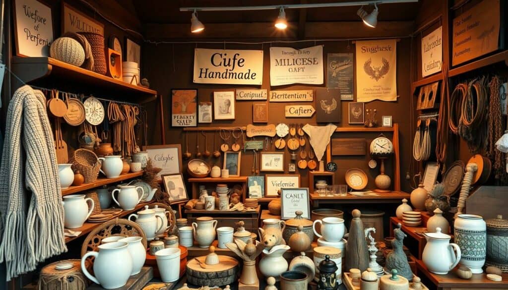 A cozy, well-lit craft fair booth displaying an array of handmade products. The foreground features a variety of rustic, artisanal items such as knitted scarves, ceramic mugs, and wooden trinkets. The middle ground showcases a well-curated selection of handmade jewelry, artwork, and home decor. In the background, a backdrop of vintage-inspired banners and signs invites passersby to explore the wares. Warm lighting casts a soft glow, creating an inviting and tactile atmosphere for shoppers to browse the unique, one-of-a-kind creations. A cozy, well-lit craft fair booth displaying an array of handmade products. The foreground features a variety of rustic, artisanal items such as knitted scarves, ceramic mugs, and wooden trinkets. The middle ground showcases a well-curated selection of handmade jewelry, artwork, and home decor. In the background, a backdrop of vintage-inspired banners and signs invites passersby to explore the wares. Warm lighting casts a soft glow, creating an inviting and tactile atmosphere for shoppers to browse the unique, one-of-a-kind creations.