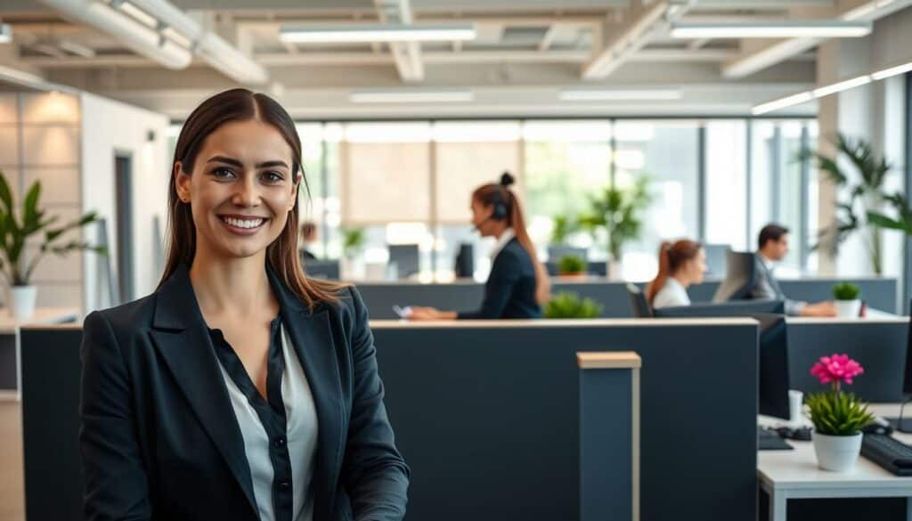 A customer service desk in a bright, modern office setting. The foreground features a professional-looking woman in a smart business attire, smiling warmly and assisting a customer. In the middle ground, other customer service representatives are working at their desks, handling inquiries and addressing concerns. The background showcases an open-concept workspace with sleek furniture, potted plants, and large windows letting in natural light. The atmosphere is welcoming and efficient, conveying a sense of reliable and responsive customer support. The lighting is soft and even, captured with a wide-angle lens to create a sense of depth and scale. A customer service desk in a bright, modern office setting. The foreground features a professional-looking woman in a smart business attire, smiling warmly and assisting a customer. In the middle ground, other customer service representatives are working at their desks, handling inquiries and addressing concerns. The background showcases an open-concept workspace with sleek furniture, potted plants, and large windows letting in natural light. The atmosphere is welcoming and efficient, conveying a sense of reliable and responsive customer support. The lighting is soft and even, captured with a wide-angle lens to create a sense of depth and scale.