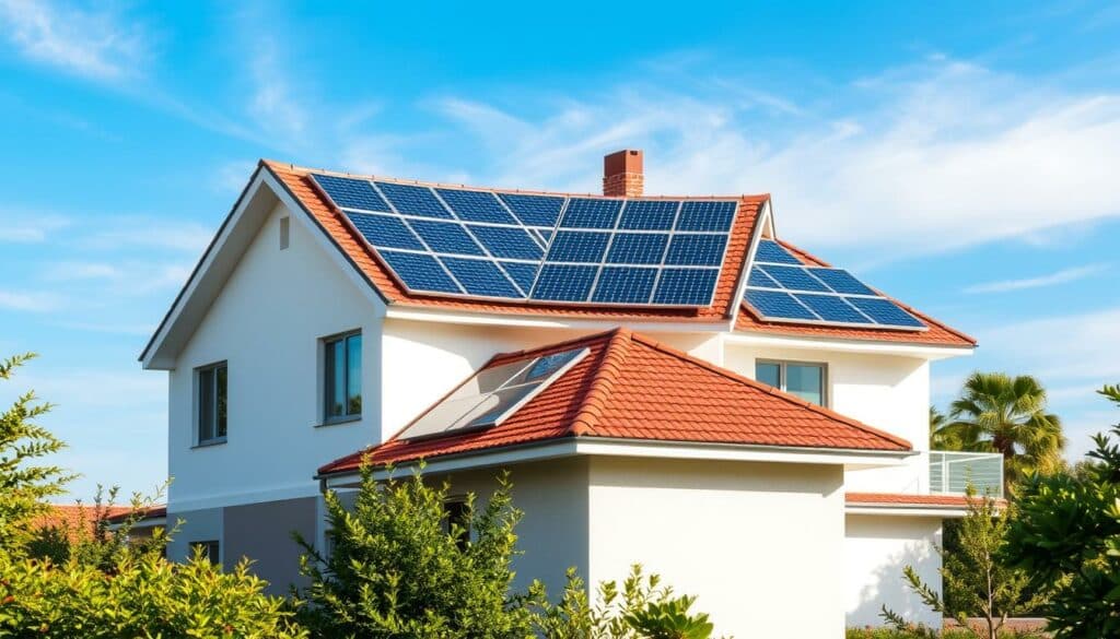 A detailed architectural rendering of a residential solar panel installation project, showcasing the planning and design elements. The foreground depicts a modern two-story house with a prominent, symmetrical roof, surrounded by lush greenery. The middle ground features an array of high-efficiency solar panels meticulously arranged on the rooftop, capturing the sun's energy. In the background, a clear blue sky with soft, wispy clouds sets the scene. The lighting is natural and directional, casting subtle shadows that emphasize the geometric shapes and textures of the solar panels and building. The overall composition conveys a sense of harmonious integration between renewable energy technology and a sustainable, eco-friendly home. A detailed architectural rendering of a residential solar panel installation project, showcasing the planning and design elements. The foreground depicts a modern two-story house with a prominent, symmetrical roof, surrounded by lush greenery. The middle ground features an array of high-efficiency solar panels meticulously arranged on the rooftop, capturing the sun's energy. In the background, a clear blue sky with soft, wispy clouds sets the scene. The lighting is natural and directional, casting subtle shadows that emphasize the geometric shapes and textures of the solar panels and building. The overall composition conveys a sense of harmonious integration between renewable energy technology and a sustainable, eco-friendly home.