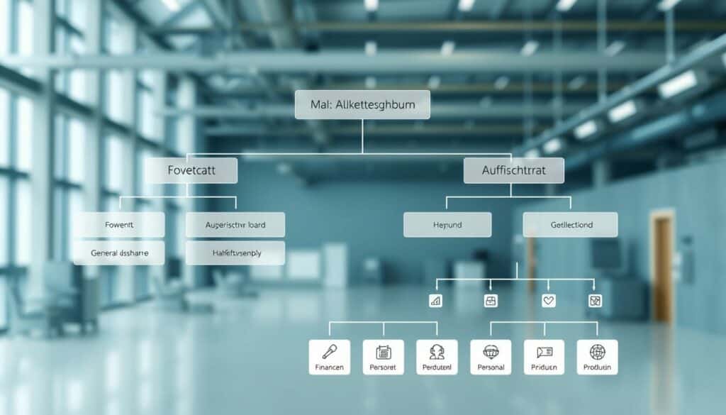 A detailed organizational chart depicting the key governing bodies and operational roles within a modern Aktiengesellschaft (public limited company). In the foreground, a crisp, technical illustration shows the Vorstand (executive board), Aufsichtsrat (supervisory board), and Hauptversammlung (general assembly), connected by clean lines and shapes. The middle ground features smaller icons representing specialized departments like Finanzen, Personal, and Produktion, all carefully arranged. The background subtly fades into an elegant, minimalist industrial setting, evoking a sense of professionalism and corporate efficacy. Rendered in a cool, neutral color palette with smooth, precision-engineered aesthetics to visually communicate the structured, systematized nature of corporate governance. A detailed organizational chart depicting the key governing bodies and operational roles within a modern Aktiengesellschaft (public limited company). In the foreground, a crisp, technical illustration shows the Vorstand (executive board), Aufsichtsrat (supervisory board), and Hauptversammlung (general assembly), connected by clean lines and shapes. The middle ground features smaller icons representing specialized departments like Finanzen, Personal, and Produktion, all carefully arranged. The background subtly fades into an elegant, minimalist industrial setting, evoking a sense of professionalism and corporate efficacy. Rendered in a cool, neutral color palette with smooth, precision-engineered aesthetics to visually communicate the structured, systematized nature of corporate governance.
