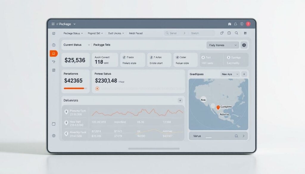 A detailed package status overview showing various stages of a delivery, displayed on a sleek and modern dashboard interface. The foreground features a clean, minimalist design with a central hub displaying the current status and progression of the package. The middle ground showcases a timeline view with checkpoints and a map view highlighting the package's location. The background incorporates subtle textures and gradients to create a sense of depth and professionalism. The lighting is soft and even, accentuating the digital aesthetic. The overall mood is one of efficiency, transparency, and a premium user experience for package tracking. A detailed package status overview showing various stages of a delivery, displayed on a sleek and modern dashboard interface. The foreground features a clean, minimalist design with a central hub displaying the current status and progression of the package. The middle ground showcases a timeline view with checkpoints and a map view highlighting the package's location. The background incorporates subtle textures and gradients to create a sense of depth and professionalism. The lighting is soft and even, accentuating the digital aesthetic. The overall mood is one of efficiency, transparency, and a premium user experience for package tracking.