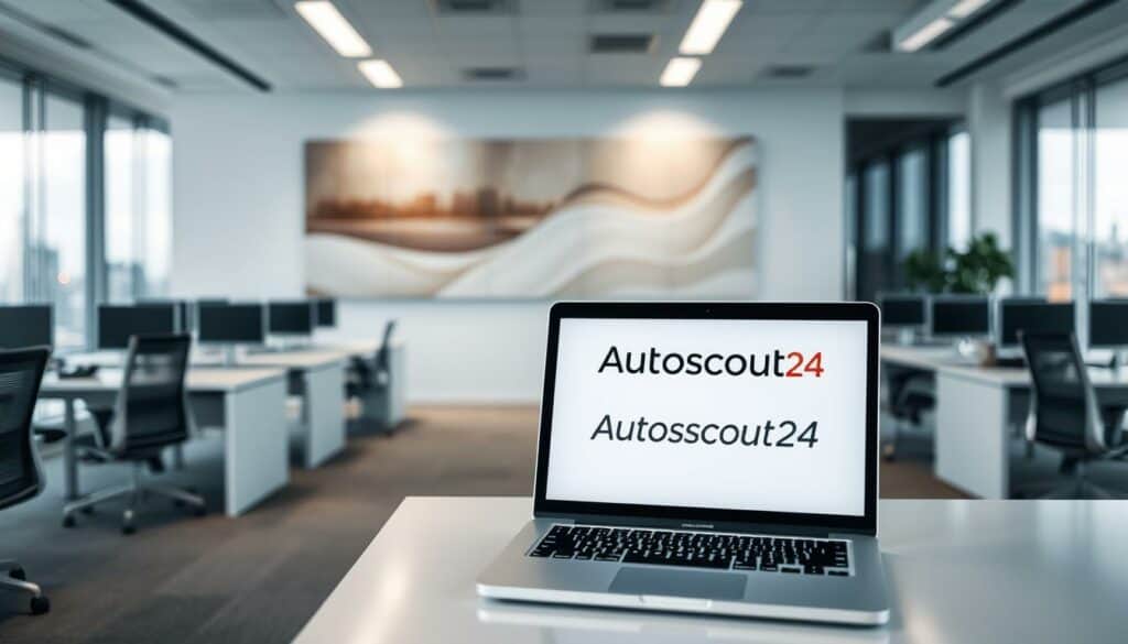 A serene, modern office interior with sleek desks, ergonomic chairs, and a wall of glass windows overlooking a bustling city skyline. Soft, indirect lighting creates a calming atmosphere, while a large abstract art piece in muted tones adds a touch of sophistication. In the foreground, a laptop computer displays the Autoscout24 logo, symbolizing the platform's commitment to digital security and privacy. The depth of field blurs the background, keeping the focus on the central technological elements. An air of professionalism and trustworthiness permeates the scene, reflecting Autoscout24's dedication to protecting its users' information.