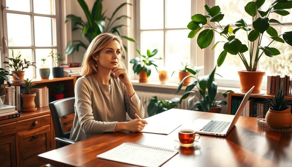 A serene, well-lit home office setting with a woman sitting at a wooden desk, deep in thought, surrounded by inspirational plants and books. Warm natural lighting filters through large windows, casting a soft glow. On the desk, a laptop, a cup of tea, and a notepad with handwritten plans and ideas. The woman's expression is one of focus and determination, reflecting her expertise and dedication to coaching and guiding other women. The overall atmosphere conveys a sense of empowerment, growth, and the transformative potential of professional mentorship. A serene, well-lit home office setting with a woman sitting at a wooden desk, deep in thought, surrounded by inspirational plants and books. Warm natural lighting filters through large windows, casting a soft glow. On the desk, a laptop, a cup of tea, and a notepad with handwritten plans and ideas. The woman's expression is one of focus and determination, reflecting her expertise and dedication to coaching and guiding other women. The overall atmosphere conveys a sense of empowerment, growth, and the transformative potential of professional mentorship.
