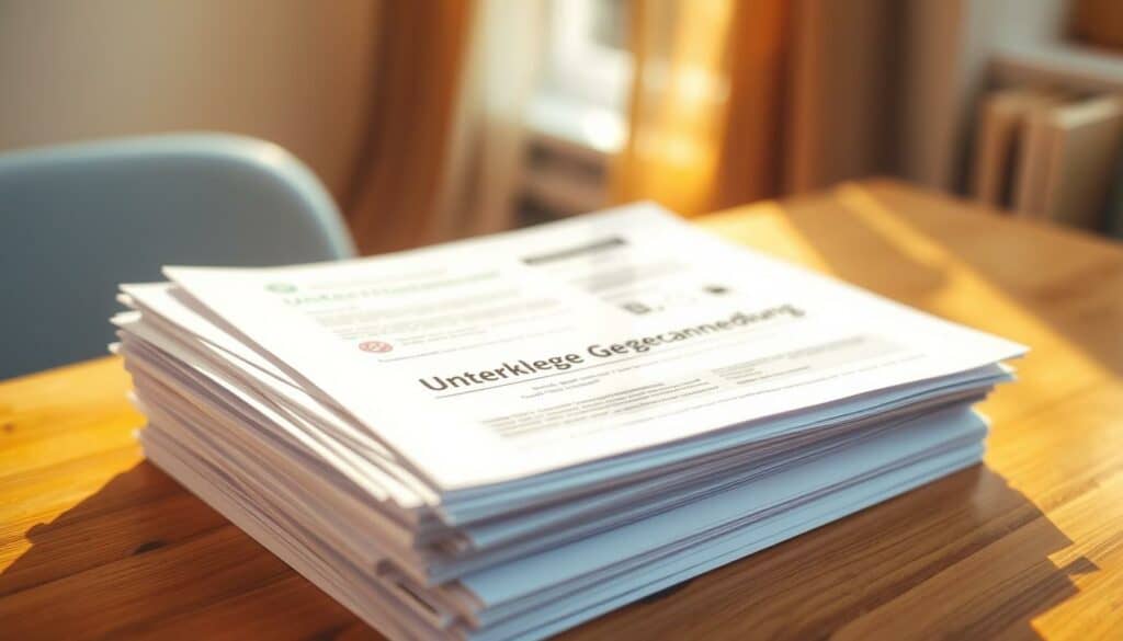 A stack of official-looking documents labeled "Unterlagen Gewerbeanmeldung" sits on a wooden desk, bathed in warm, natural lighting. The papers are neatly organized, with various forms, contracts, and identification documents visible. The scene conveys a sense of professional preparation and attention to detail, evoking the process of starting a new business. The background is slightly blurred, focusing the viewer's attention on the important paperwork at hand.