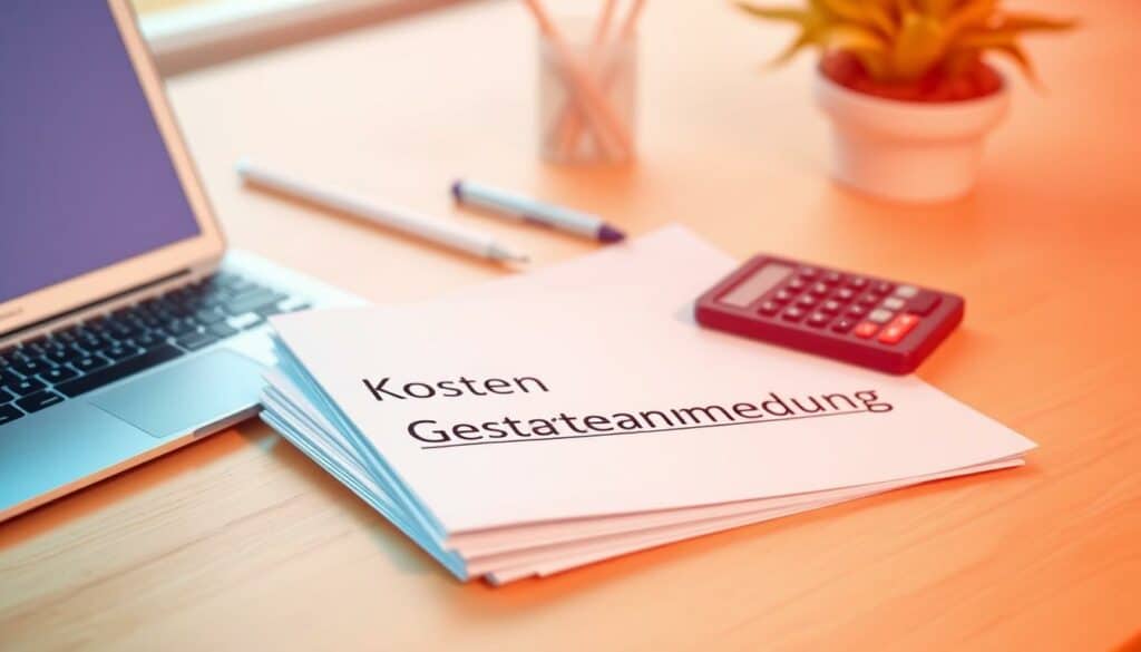 A vibrant, neatly organized office desktop with a laptop, calculator, and stack of documents. Soft, directional lighting illuminates the scene, creating a sense of professionalism and attention to detail. The documents bear the title "Kosten Gewerbeanmeldung" in a clean, legible font, hinting at the financial considerations of starting a new business venture. The overall atmosphere is one of thoughtful preparation and careful accounting, setting the stage for a visually compelling illustration of the costs associated with registering a new business in Hamburg.