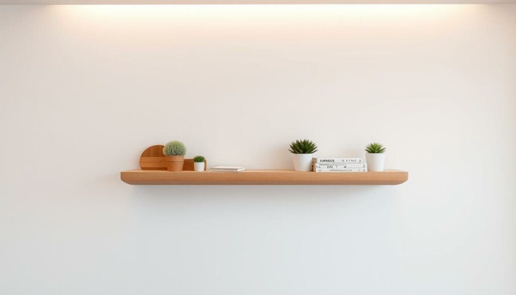 A well-crafted, functional DIY wall shelf in a minimalist, Scandinavian-inspired design. The shelf features a clean, natural wood grain finish and a sleek, floating appearance, suspended against a plain white wall. Soft, indirect lighting from above casts a warm glow, highlighting the wood's subtle tones. The shelf's simple, rectangular shape is accented by gentle, rounded edges, creating a visually appealing and modern aesthetic. Various small decorative items, like potted plants or books, are neatly arranged on the shelf, complementing its utilitarian purpose. The overall composition conveys a sense of balance, practicality, and understated elegance.