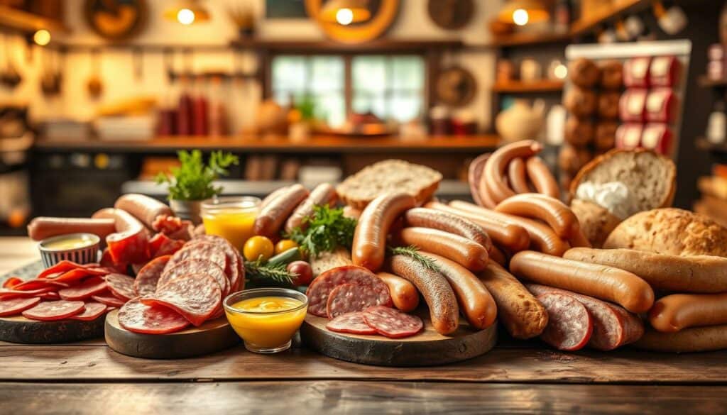 A well-lit, high-resolution image showcasing an assortment of traditional German "Fleischwaren und Wurstwaren" (cold cuts and sausages) on a wooden table. The foreground features an array of premium meats and sausages, including Salami, Bratwurst, Weisswurst, and Leberwurst, carefully arranged with attention to detail. The middle ground presents a selection of garnishes and accompaniments, such as mustard, pickles, and crusty bread. The background depicts a rustic, cozy setting, with warm lighting and a subtle, blurred backdrop of a traditional German butchery or delicatessen. The overall image conveys the quality, craftsmanship, and heritage associated with the Schmälzle Pfullingen Fleischwaren GmbH brand and its diverse range of "Dienstleistungen und Produkte".