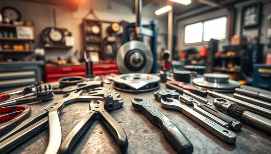 A well-lit workshop scene showcasing an assortment of "Bremsen-Werkzeuge" - a diverse collection of brake repair tools arranged neatly on a sturdy workbench. In the foreground, a set of precision pliers, brake pad spreaders, and caliper tools glisten under the warm glow of overhead lighting. The middle ground features a high-quality brake disc micrometer and a cleaning brush, while the background subtly hints at the presence of a hydraulic press and other heavy-duty equipment needed for comprehensive brake service. The overall atmosphere conveys a sense of organized professionalism, with every tool purposefully positioned to facilitate efficient and meticulous brake maintenance.