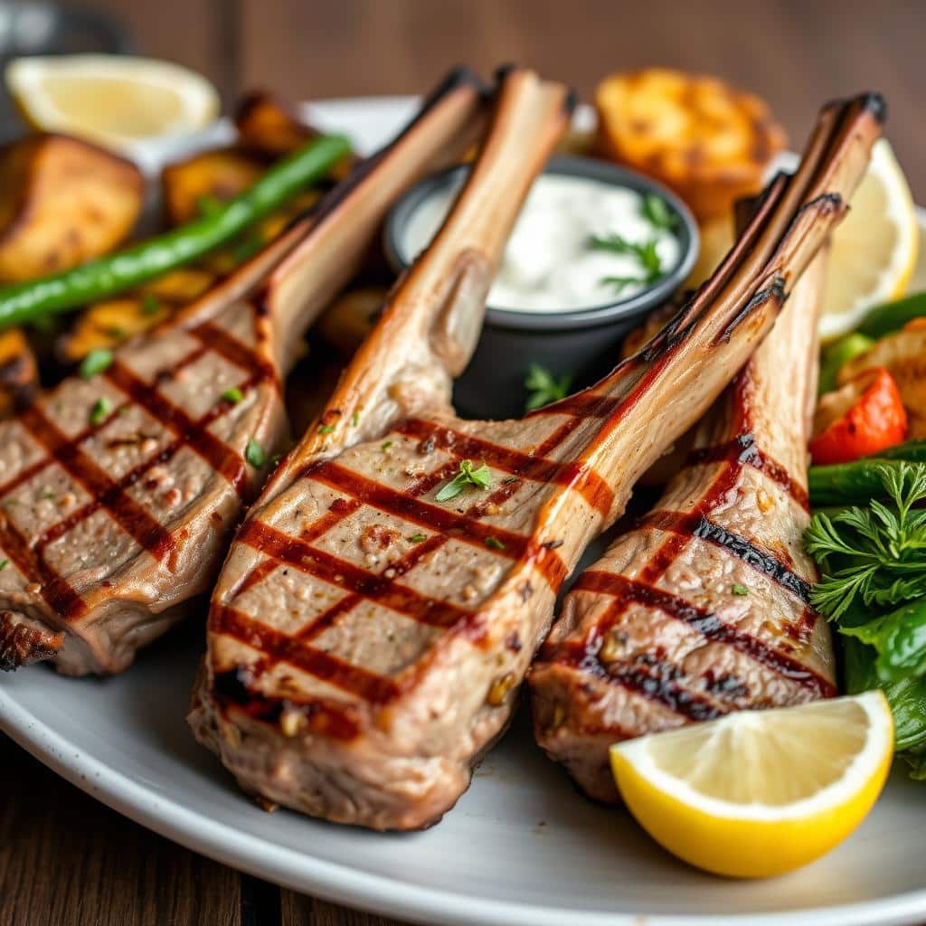 Gegrillte Lammkoteletts mit Beilagen im Restaurant Athen Legende