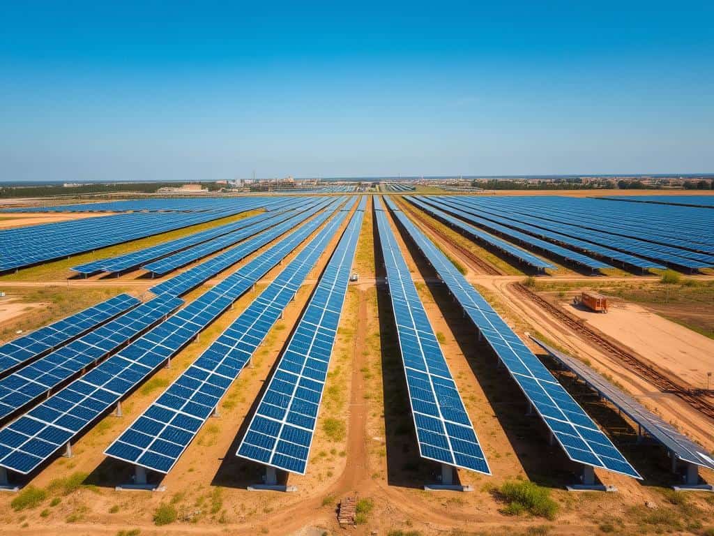 Großer Solarpark auf einer Freifläche mit Reihen von Photovoltaikmodulen