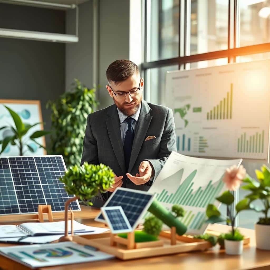 Investor betrachtet Modell einer Photovoltaikanlage mit Fokus auf Nachhaltigkeit