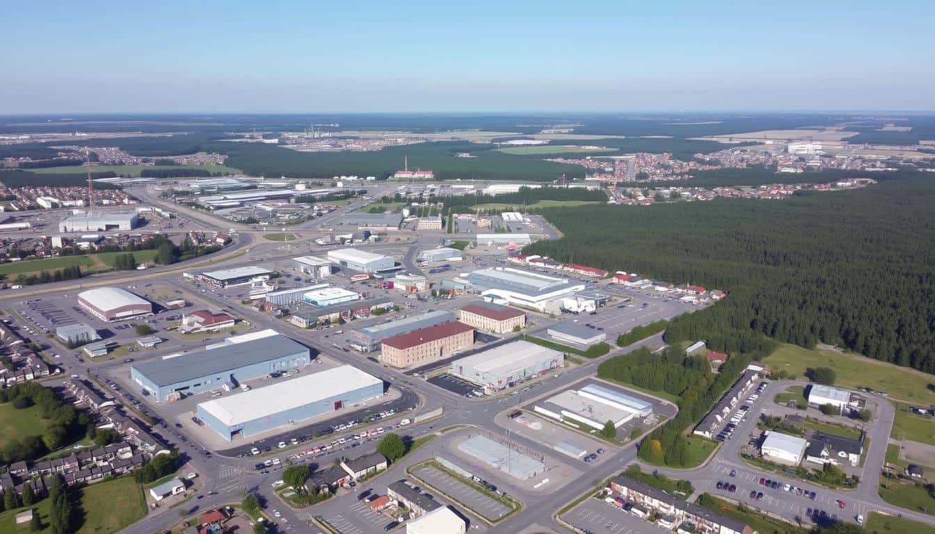Luftaufnahme von Weisswasser mit Blick auf die Industriegebiete und Firmen in Weisswasser